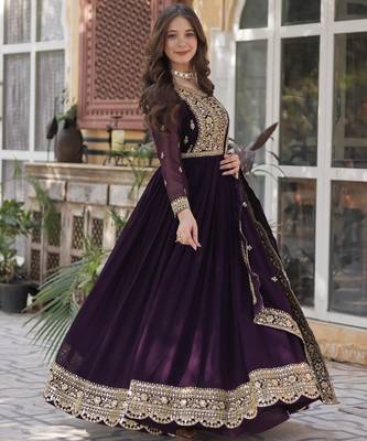 Wine Faux Blooming Heavy Embroidered Gown with Zari   Sequins Work & Lace-Border Dupatta 1