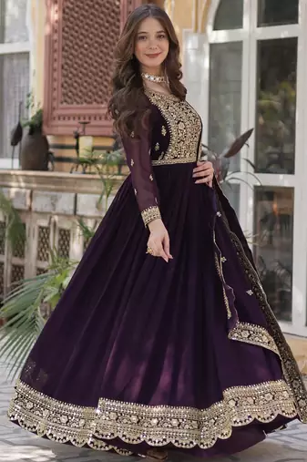 Wine Faux Blooming Heavy Embroidered Gown with Zari   Sequins Work & Lace-Border Dupatta