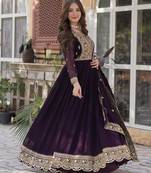 Wine Faux Blooming Heavy Embroidered Gown with Zari   Sequins Work & Lace-Border Dupatta