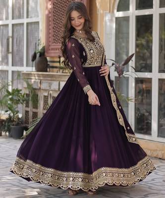 Wine Faux Blooming Heavy Embroidered Gown with Zari   Sequins Work & Lace-Border Dupatta 2