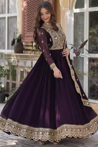 Wine Faux Blooming Heavy Embroidered Gown with Zari   Sequins Work & Lace-Border Dupatta