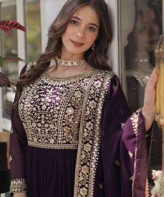Wine Faux Blooming Heavy Embroidered Gown with Zari   Sequins Work & Lace-Border Dupatta 3