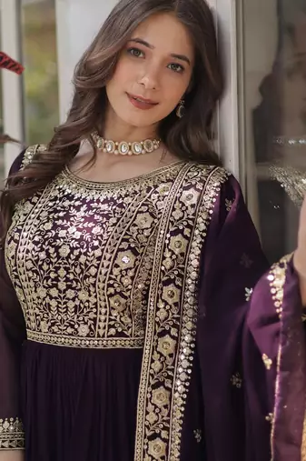 Wine Faux Blooming Heavy Embroidered Gown with Zari   Sequins Work & Lace-Border Dupatta