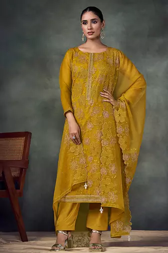 Mustard embroidered & swarovski chiffon straight cut eid wear salwar kameez