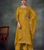 Mustard embroidered & swarovski chiffon straight cut eid wear salwar kameez