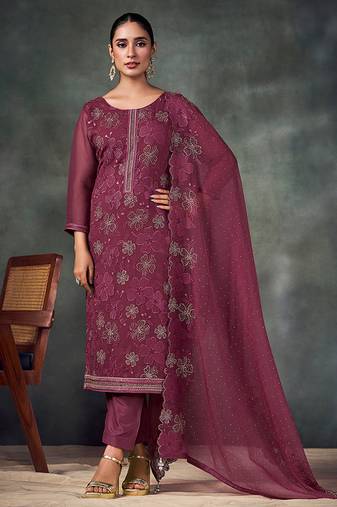 Maroon embroidered & swarovski chiffon straight cut suit