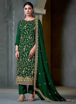 Green embroidered & hand work satin chiffon straight cut eid wear salwar kameez for women 1