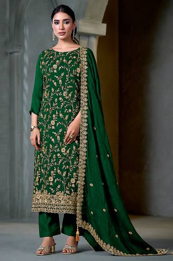 Green embroidered & hand work satin chiffon straight cut eid wear salwar kameez for women