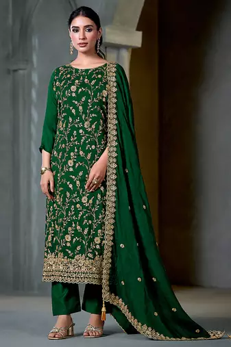 Green embroidered & hand work satin chiffon straight cut eid wear salwar kameez for women