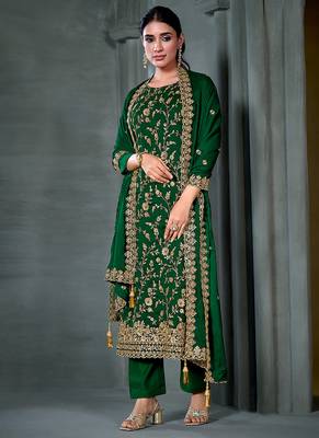 Green embroidered & hand work satin chiffon straight cut eid wear salwar kameez for women 2