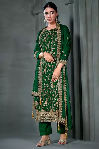 Green embroidered & hand work satin chiffon straight cut eid wear salwar kameez for women