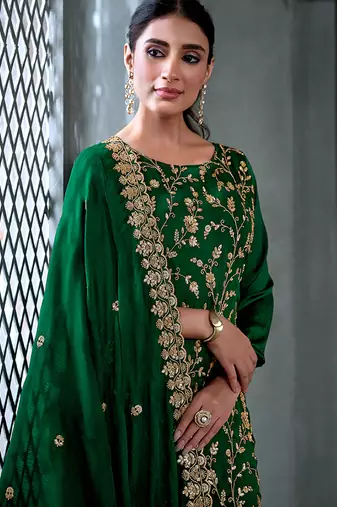 Green embroidered & hand work satin chiffon straight cut eid wear salwar kameez for women
