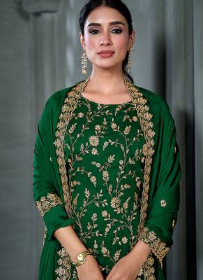Green embroidered & hand work satin chiffon straight cut eid wear salwar kameez for women 4