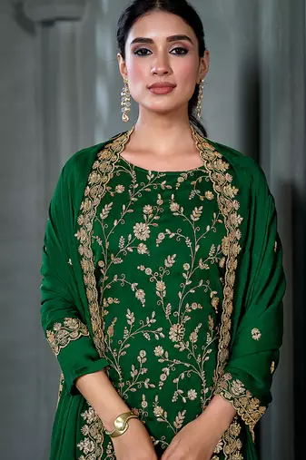 Green embroidered & hand work satin chiffon straight cut eid wear salwar kameez for women