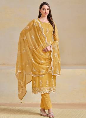 Yellow embroidered & swarovski organza chiffon straight cut salwar kameez 1