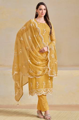 Yellow embroidered & swarovski organza chiffon straight cut salwar kameez