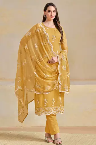 Yellow embroidered & swarovski organza chiffon straight cut salwar kameez