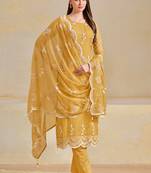 Yellow embroidered & swarovski organza chiffon straight cut salwar kameez