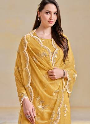 Yellow embroidered & swarovski organza chiffon straight cut salwar kameez 2