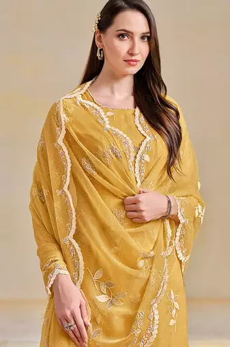 Yellow embroidered & swarovski organza chiffon straight cut salwar kameez