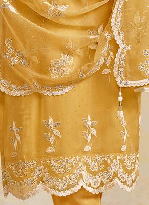 Yellow embroidered & swarovski organza chiffon straight cut salwar kameez 3