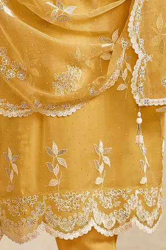 Yellow embroidered & swarovski organza chiffon straight cut salwar kameez