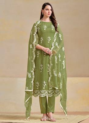 Green embroidered & swarovski organza chiffon straight cut salwar kameez 1