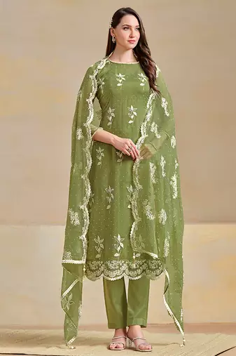 Green embroidered & swarovski organza chiffon straight cut salwar kameez