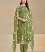 Green embroidered & swarovski organza chiffon straight cut salwar kameez