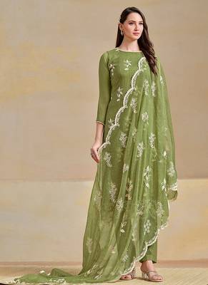 Green embroidered & swarovski organza chiffon straight cut salwar kameez 2