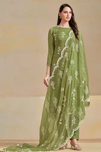 Green embroidered & swarovski organza chiffon straight cut salwar kameez