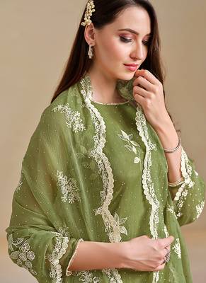 Green embroidered & swarovski organza chiffon straight cut salwar kameez 3