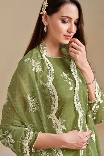 Green embroidered & swarovski organza chiffon straight cut salwar kameez