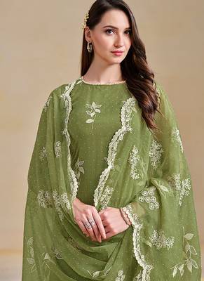 Green embroidered & swarovski organza chiffon straight cut salwar kameez 4