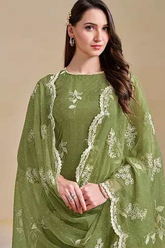 Green embroidered & swarovski organza chiffon straight cut salwar kameez