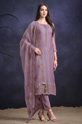 Purple embroidered & sequins organza chiffon straight cut salwar kameez
