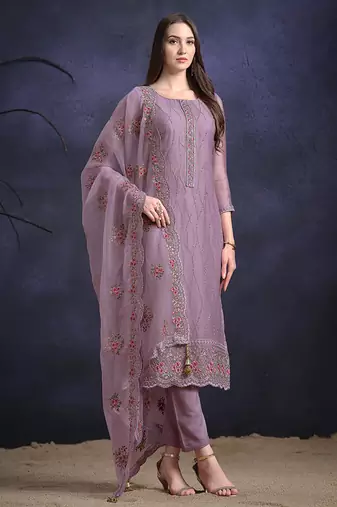 Purple embroidered & sequins organza chiffon straight cut salwar kameez