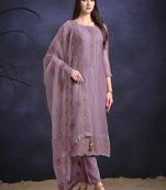 Purple embroidered & sequins organza chiffon straight cut salwar kameez