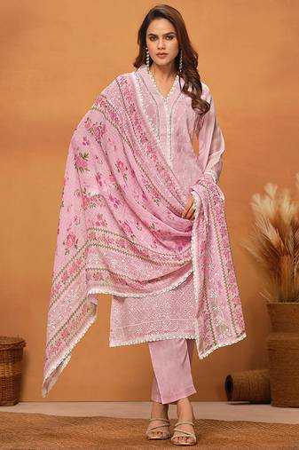 Pink chikankari viscose organza straight cut salwar kameez