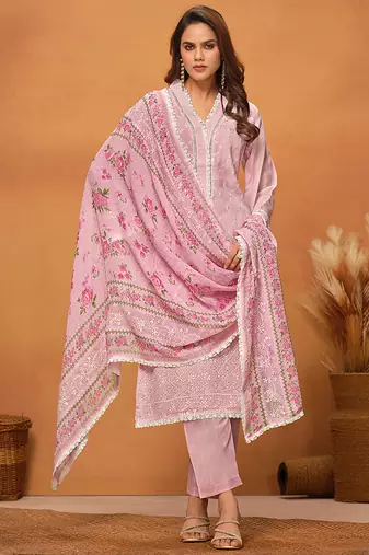Pink chikankari viscose organza straight cut salwar kameez