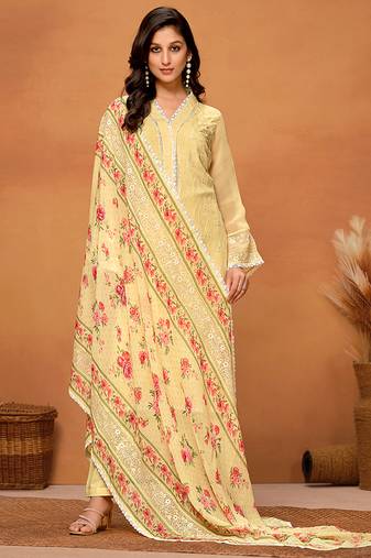 Yellow chikankari viscose organza straight cut eid wear salwar kameez