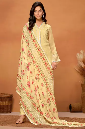 Yellow chikankari viscose organza straight cut eid wear salwar kameez
