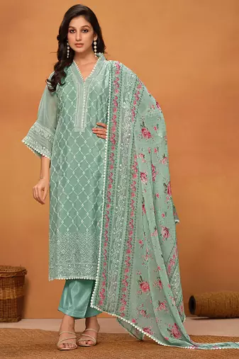 Sea green chikankari viscose organza straight cut salwar kameez for women