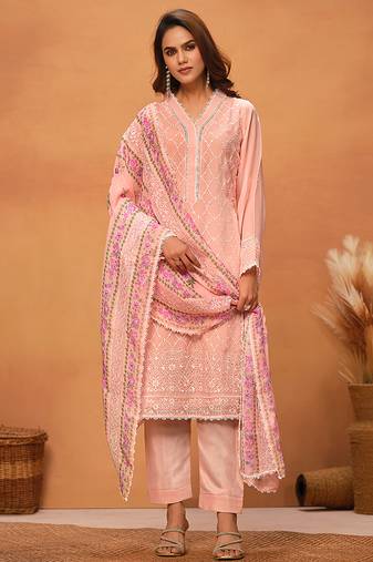 Peach chikankari viscose organza straight cut party wear salwar kameez