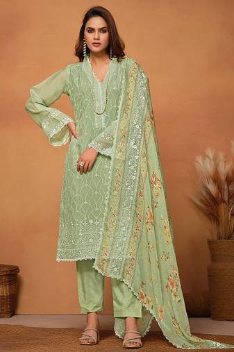 Sea green chikankari viscose organza straight cut salwar kameez for women