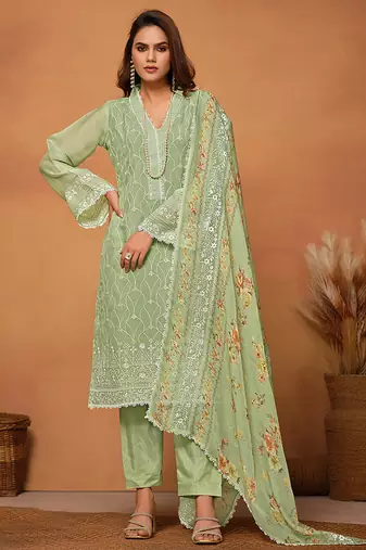 Sea green chikankari viscose organza straight cut salwar kameez for women