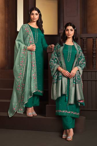 Green embroidered chinnon silk straight cut salwar kameez dubble dupatta