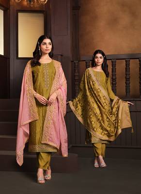 Mustard embroidered chinnon silk straight cut salwar kameez dubble dupatta 1