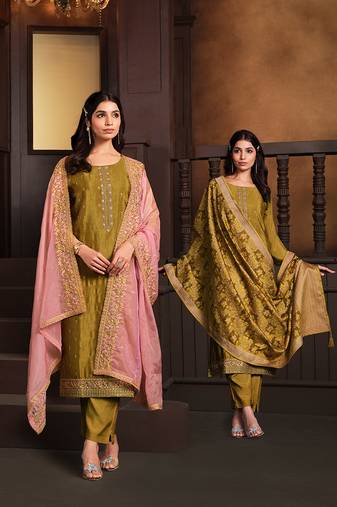 Mustard embroidered chinnon silk straight cut salwar kameez dubble dupatta