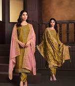 Mustard embroidered chinnon silk straight cut salwar kameez dubble dupatta